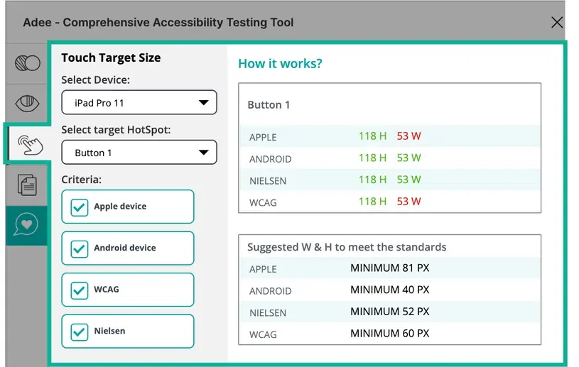 Touch target size tab in Adee